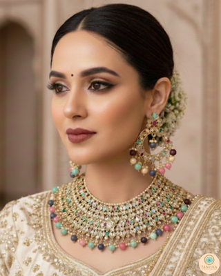 Pearly Antique Gold Necklace Set (Necklace, Earrings, Tikka) - Golden / Multi