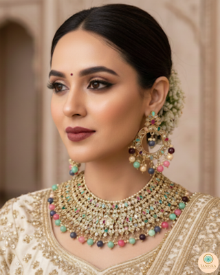 Pearly Antique Gold Necklace Set (Necklace, Earrings, Tikka) - Golden / Multi