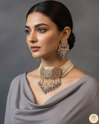 ISHANA Grey Uncut-Kundan Necklace/Choker Set