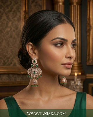 Emerald Elegance Rose Gold Jhumka & Tikka Set