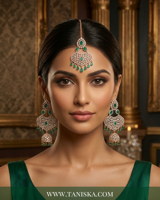 Emerald Elegance Rose Gold Jhumka & Tikka Set