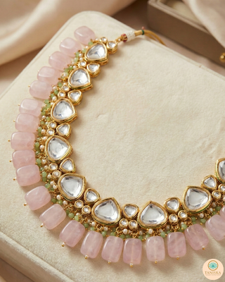 MEEREN Kundan Choker Necklace Set (Baby Pink. Mint Combo)