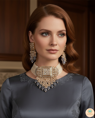 ISHANA Grey Uncut-Kundan Necklace/Choker Set