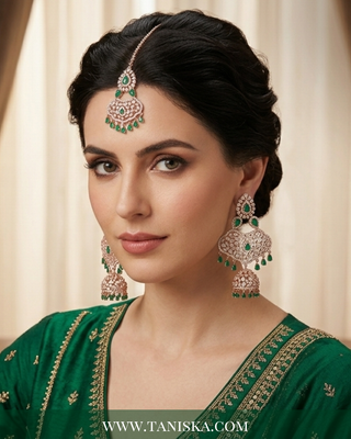 Emerald Elegance Rose Gold Jhumka & Tikka Set