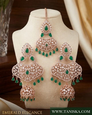Emerald Elegance Rose Gold Jhumka & Tikka Set