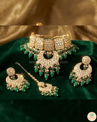 MEHAR Designer Bottle Green/Peach Kundan Necklace Set