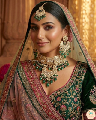 MEHAR Designer Bottle Green/Peach Kundan Necklace Set