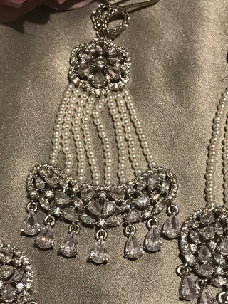 American Diamond Style Statement Earring & Tikka Set - Silver/Clear