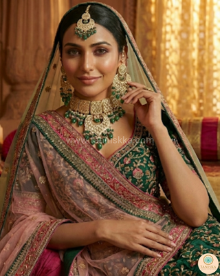 MEHAR Designer Bottle Green/Peach Kundan Necklace Set
