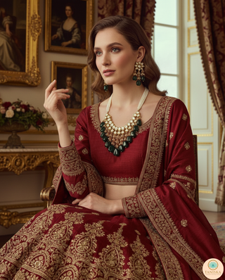 MISHA Kundan Necklace Set (Emerald, Maroon Combo)