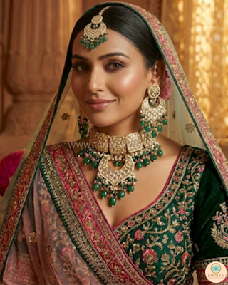 MEHAR Designer Bottle Green/Peach Kundan Necklace Set
