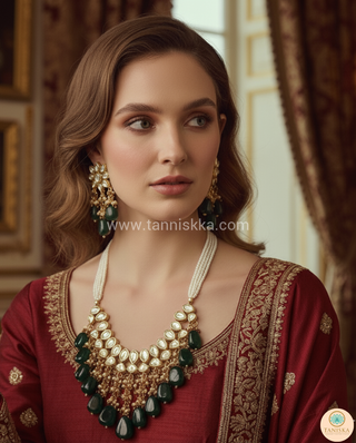 MISHA Kundan Necklace Set (Emerald, Maroon Combo)