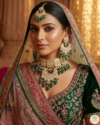 MEHAR Designer Bottle Green/Peach Kundan Necklace Set