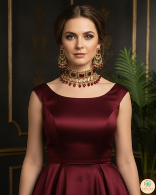 Pearly Antique Gold Necklace Set (Necklace, Earrings, Tikka) - Golden / Maroon