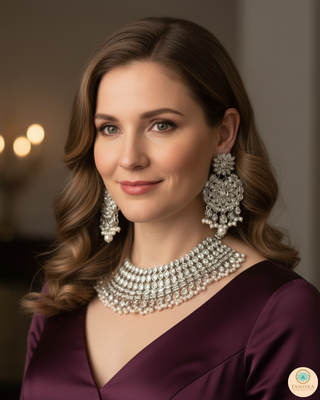 Pearly Antique Silver Necklace Set (Necklace, Earrings, Tikka) - Silver