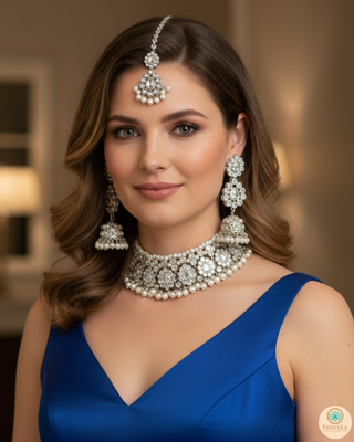 Pearly Antique Silver Necklace Set (Necklace, Earrings, Tikka) - Silver