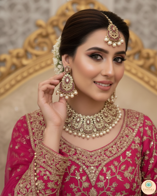 Pearly Antique Gold Necklace Set (Necklace, Earrings, Tikka) - Golden / Hot Pink