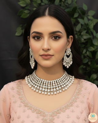 Pearly Antique Silver Necklace Set (Necklace, Earrings, Tikka) - Silver