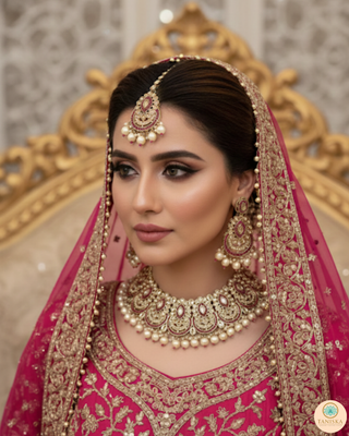 Pearly Antique Gold Necklace Set (Necklace, Earrings, Tikka) - Golden / Hot Pink