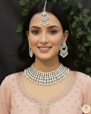 Pearly Antique Silver Necklace Set (Necklace, Earrings, Tikka) - Silver