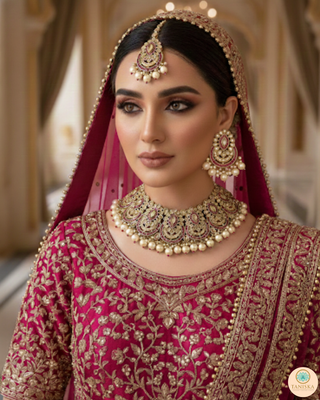 Pearly Antique Gold Necklace Set (Necklace, Earrings, Tikka) - Golden / Hot Pink