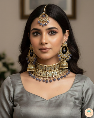 Pearly Antique Gold, Double Choker Necklace Set (Necklace, Earrings, Tikka) - Golden / Charcoal Grey