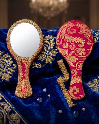 Artisanal Zari Miniature Hand Mirror - Hot Pink