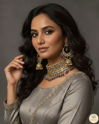 Pearly Antique Gold, Double Choker Necklace Set (Necklace, Earrings, Tikka) - Golden / Charcoal Grey