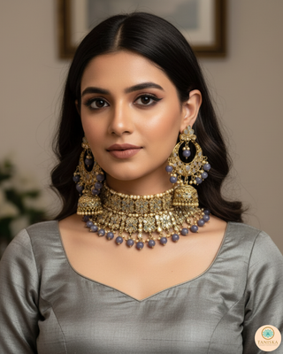 Pearly Antique Gold, Double Choker Necklace Set (Necklace, Earrings, Tikka) - Golden / Charcoal Grey