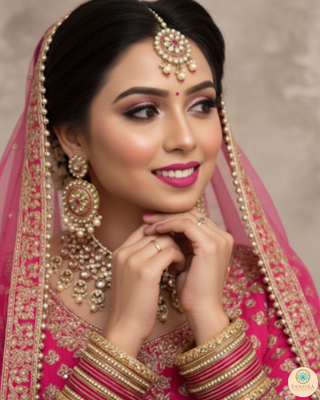 Pearly Antique Gold Necklace Set (Necklace, Earrings, Tikka) - Golden / Hot Pink