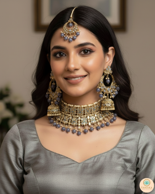 Pearly Antique Gold, Double Choker Necklace Set (Necklace, Earrings, Tikka) - Golden / Charcoal Grey