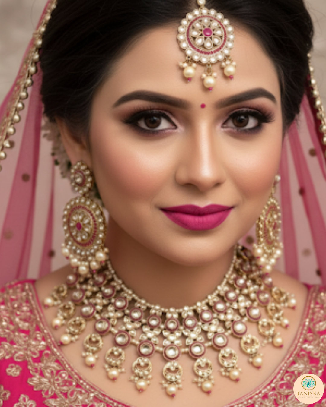 Pearly Antique Gold Necklace Set (Necklace, Earrings, Tikka) - Golden / Hot Pink