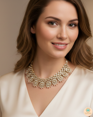 Pearly Antique Gold Necklace Set (Necklace, Earrings, Tikka) - Golden / Peach