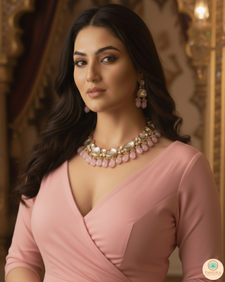 MEEREN Kundan Choker Necklace Set (Baby Pink)