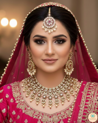 Pearly Antique Gold Necklace Set (Necklace, Earrings, Tikka) - Golden / Hot Pink