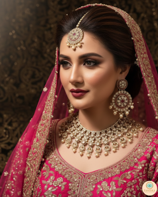 Pearly Antique Gold Necklace Set (Necklace, Earrings, Tikka) - Golden / Hot Pink