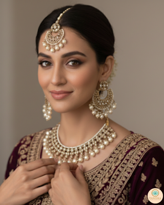 Pearly Antique Gold Necklace Set (Necklace, Earrings, Tikka) - Golden