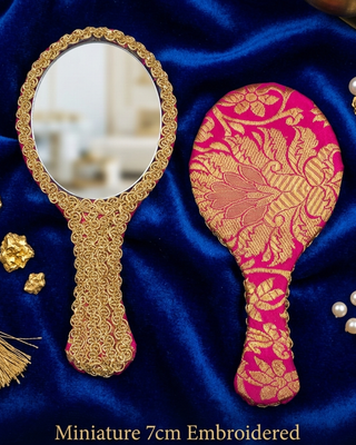 Artisanal Zari Miniature Hand Mirror - Hot Pink
