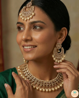 Pearly Antique Gold Necklace Set (Necklace, Earrings, Tikka) - Golden