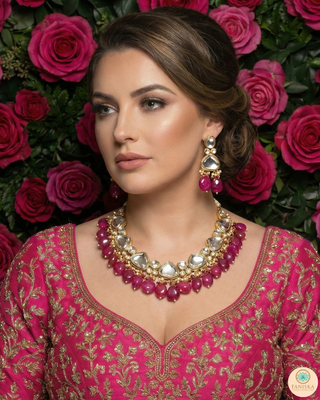 MEEREN Kundan Choker Necklace Set (Hot Pink)