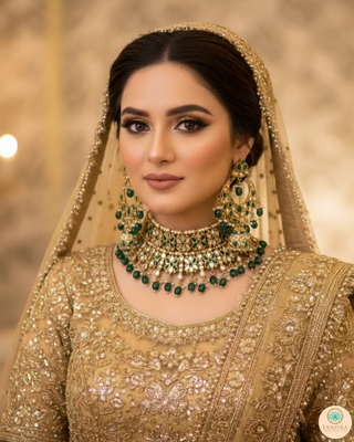 Pearly Antique Gold, Double Choker Necklace Set (Necklace, Earrings, Tikka) - Golden / Emerald Green