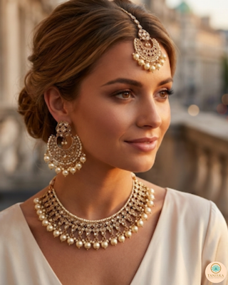 Pearly Antique Gold Necklace Set (Necklace, Earrings, Tikka) - Golden