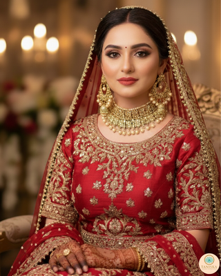 Pearly Antique Gold, Double Choker Necklace Set (Necklace, Earrings, Tikka) - Golden / Golden