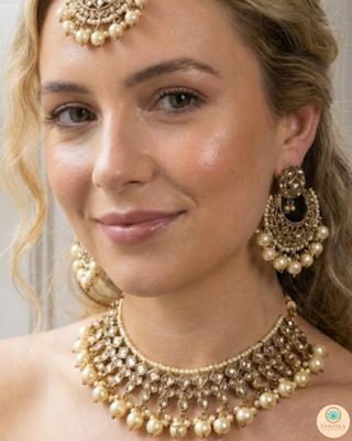 Pearly Antique Gold Necklace Set (Necklace, Earrings, Tikka) - Golden