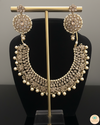 Pearly Antique Gold Necklace Set (Necklace, Earrings, Tikka) - Golden