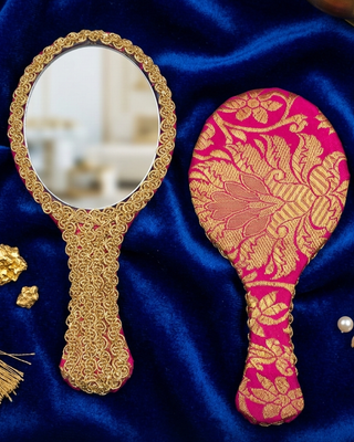 Artisanal Zari Miniature Hand Mirror - Hot Pink