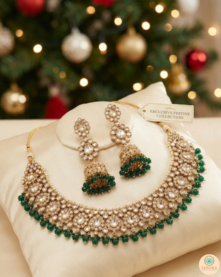 Pearly Antique Gold Necklace Set (Necklace, Earrings, Tikka) - Golden / Emerald Green