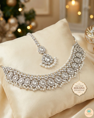 Pearly Antique Silver Necklace Set (Necklace, Earrings, Tikka) - Silver