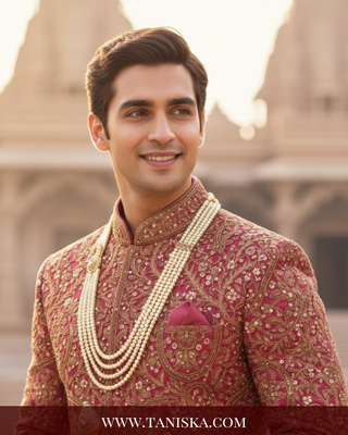 The Nobleman’s Strand | Multi-Layered Pearl Mala with Brooch | Antique Gold 4 Layered Pearl Mens / Groom Mala