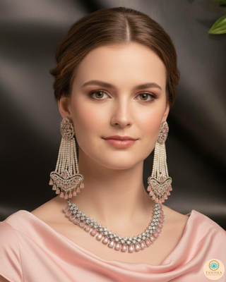 American Diamond Style Necklace Set - Silver/Baby Pink